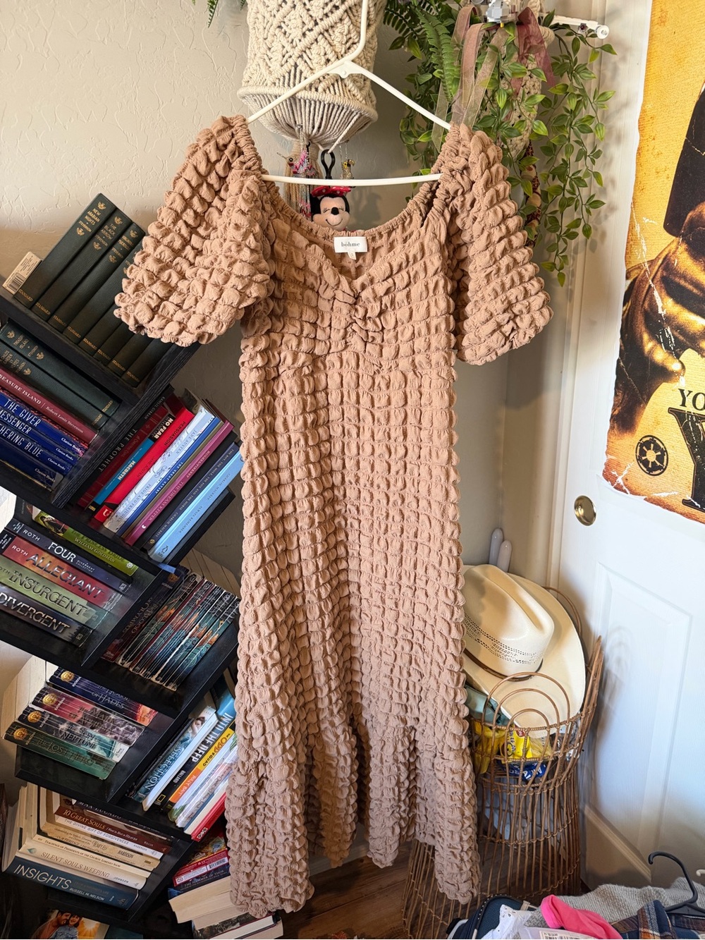 bohme Textured Taupe Maxi Dress with Puff Sleeves